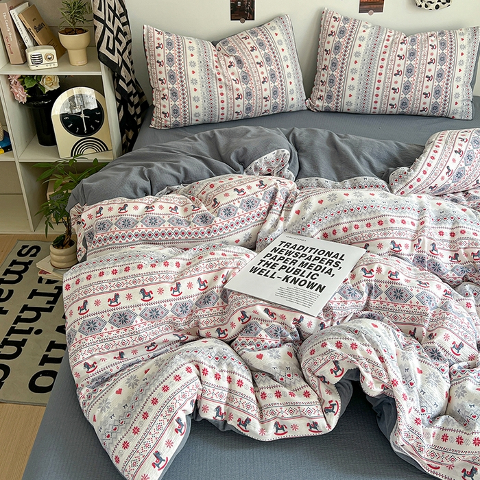 91家纺网 家纺一手货源 找家纺 朵朵家纺 2026新款高级感轻奢复古美拉德色系双层纱泡芙棉床品四件套加厚水洗双层纱软 马上有福