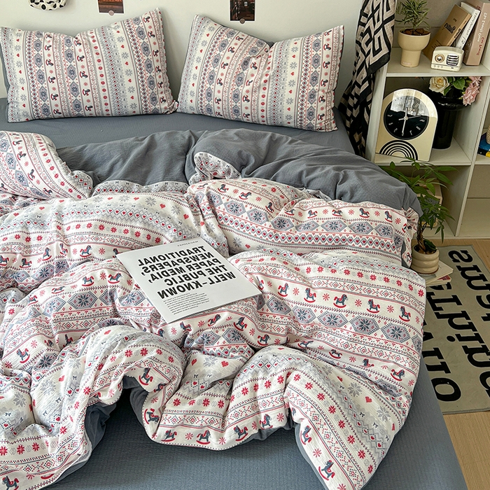 91家纺网 家纺一手货源 找家纺 朵朵家纺 2026新款高级感轻奢复古美拉德色系双层纱泡芙棉床品四件套加厚水洗双层纱软 马上有福