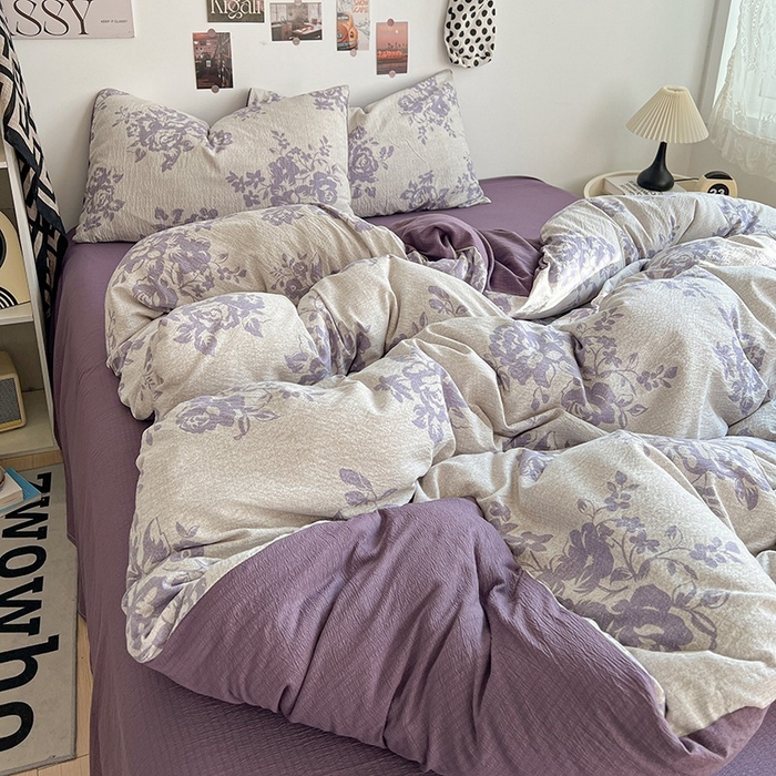 91家纺网 家纺一手货源 找家纺 朵朵家纺 2026新款高级感轻奢复古美拉德色系双层纱泡芙棉床品四件套加厚水洗双层纱软 紫韵
