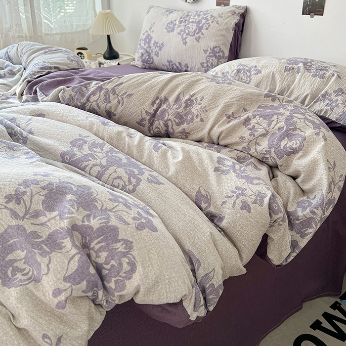 91家纺网 家纺一手货源 找家纺 朵朵家纺 2026新款高级感轻奢复古美拉德色系双层纱泡芙棉床品四件套加厚水洗双层纱软 紫韵