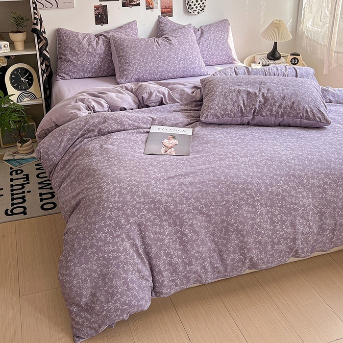 91家纺网 家纺一手货源 找家纺 朵朵家纺 2026新款高级感轻奢复古美拉德色系双层纱泡芙棉床品四件套加厚水洗双层纱软 紫萝漫想