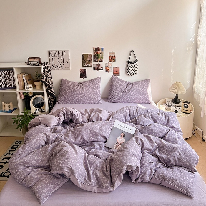 91家纺网 家纺一手货源 找家纺 朵朵家纺 2026新款高级感轻奢复古美拉德色系双层纱泡芙棉床品四件套加厚水洗双层纱软 紫萝漫想