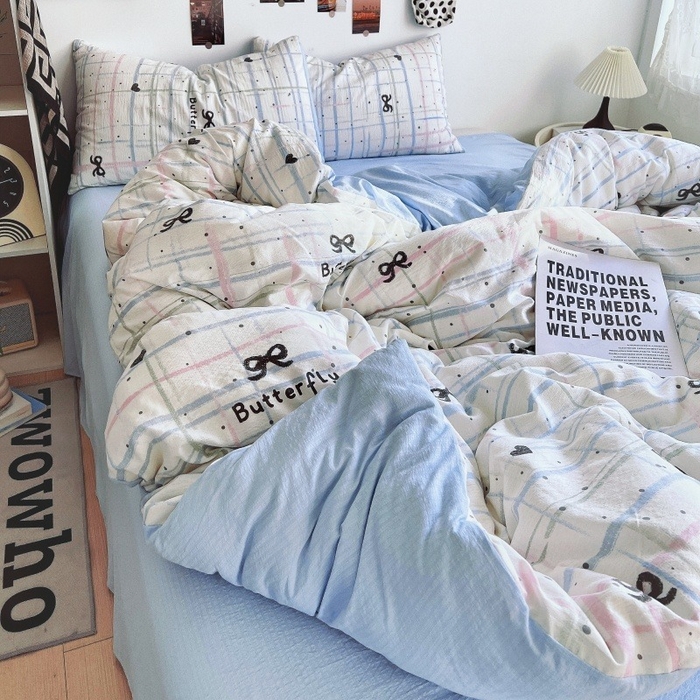 91家纺网 家纺一手货源 找家纺 朵朵家纺 2026新款高级感轻奢复古美拉德色系双层纱泡芙棉床品四件套加厚水洗双层纱软 盐系格绊