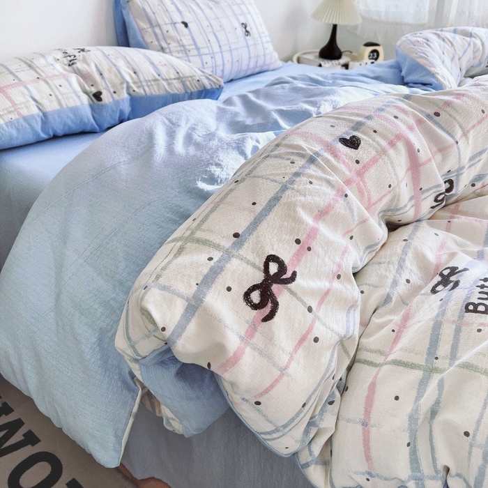 91家纺网 家纺一手货源 找家纺 朵朵家纺 2026新款高级感轻奢复古美拉德色系双层纱泡芙棉床品四件套加厚水洗双层纱软 盐系格绊