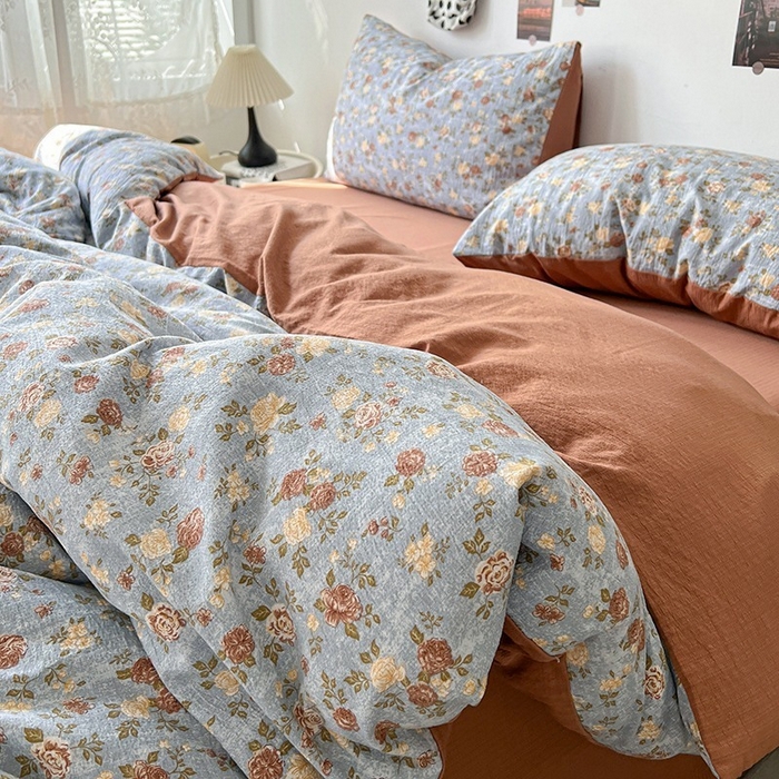 91家纺网 家纺一手货源 找家纺 朵朵家纺 2026新款高级感轻奢复古美拉德色系双层纱泡芙棉床品四件套加厚水洗双层纱软 醉玲珑