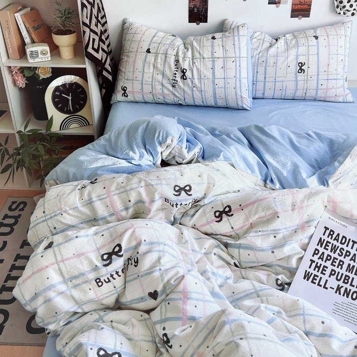 91家纺网 家纺一手货源 找家纺 朵朵家纺 2026新款高级感轻奢复古美拉德色系双层纱泡芙棉床品四件套加厚水洗双层纱软 盐系格绊