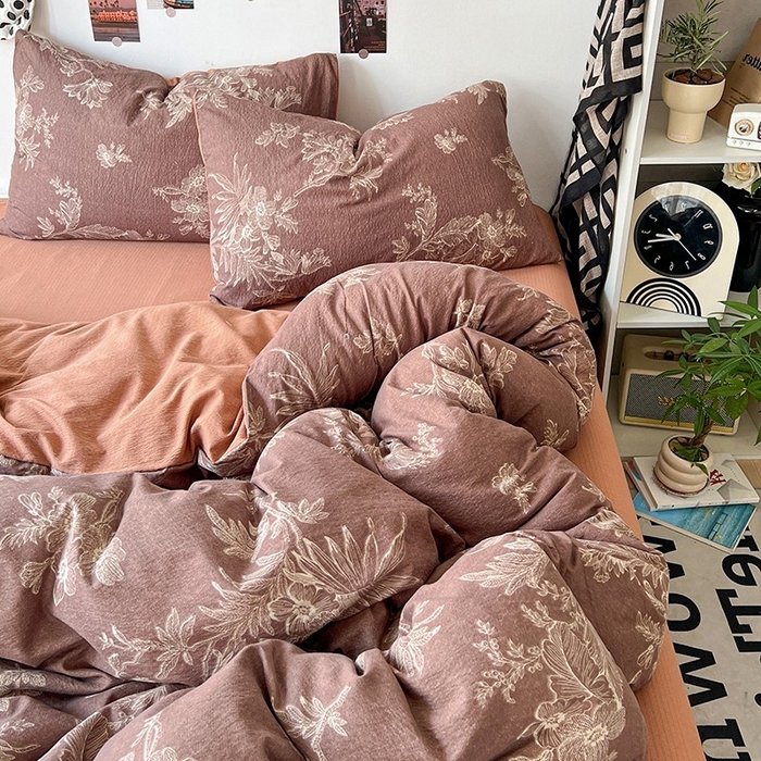 91家纺网 家纺一手货源 找家纺 朵朵家纺 2026新款高级感轻奢复古美拉德色系双层纱泡芙棉床品四件套加厚水洗双层纱软 晚棠