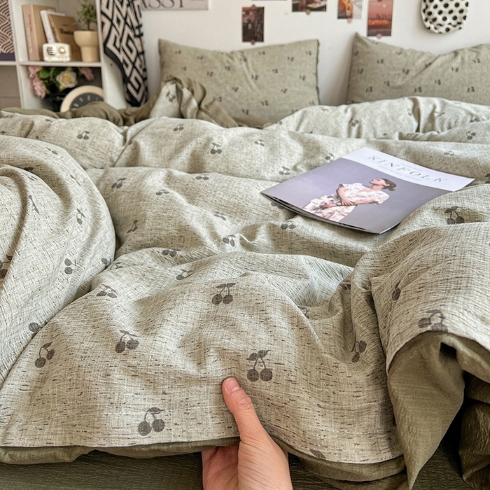 91家纺网 家纺一手货源 找家纺 朵朵家纺 2026新款高级感轻奢复古美拉德色系双层纱泡芙棉床品四件套加厚水洗双层纱软 绿樱