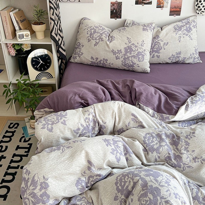 91家纺网 家纺一手货源 找家纺 朵朵家纺 2026新款高级感轻奢复古美拉德色系双层纱泡芙棉床品四件套加厚水洗双层纱软 紫韵