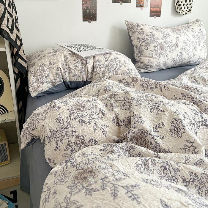 91家纺网 家纺一手货源 找家纺 朵朵家纺 2026新款高级感轻奢复古美拉德色系双层纱泡芙棉床品四件套加厚水洗双层纱软 青花瓷