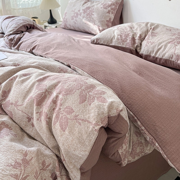 91家纺网 家纺一手货源 找家纺 朵朵家纺 2026新款高级感轻奢复古美拉德色系双层纱泡芙棉床品四件套加厚水洗双层纱软 知音咖