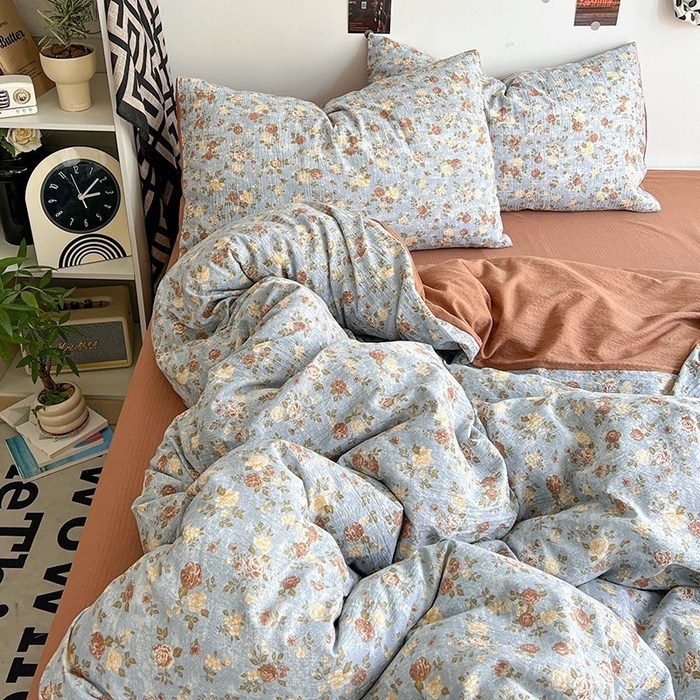 91家纺网 家纺一手货源 找家纺 朵朵家纺 2026新款高级感轻奢复古美拉德色系双层纱泡芙棉床品四件套加厚水洗双层纱软 醉玲珑