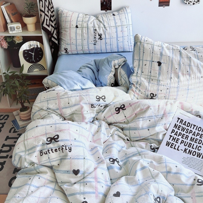 91家纺网 家纺一手货源 找家纺 朵朵家纺 2026新款高级感轻奢复古美拉德色系双层纱泡芙棉床品四件套加厚水洗双层纱软 盐系格绊