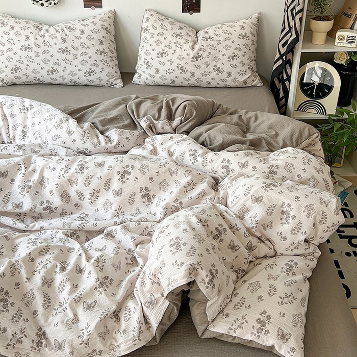 91家纺网 家纺一手货源 找家纺 朵朵家纺 2026新款高级感轻奢复古美拉德色系双层纱泡芙棉床品四件套加厚水洗双层纱软 素碟吟