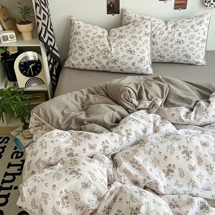 91家纺网 家纺一手货源 找家纺 朵朵家纺 2026新款高级感轻奢复古美拉德色系双层纱泡芙棉床品四件套加厚水洗双层纱软 素碟吟