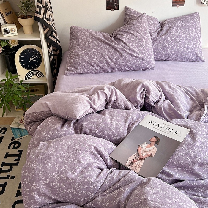 91家纺网 家纺一手货源 找家纺 朵朵家纺 2026新款高级感轻奢复古美拉德色系双层纱泡芙棉床品四件套加厚水洗双层纱软 紫萝漫想