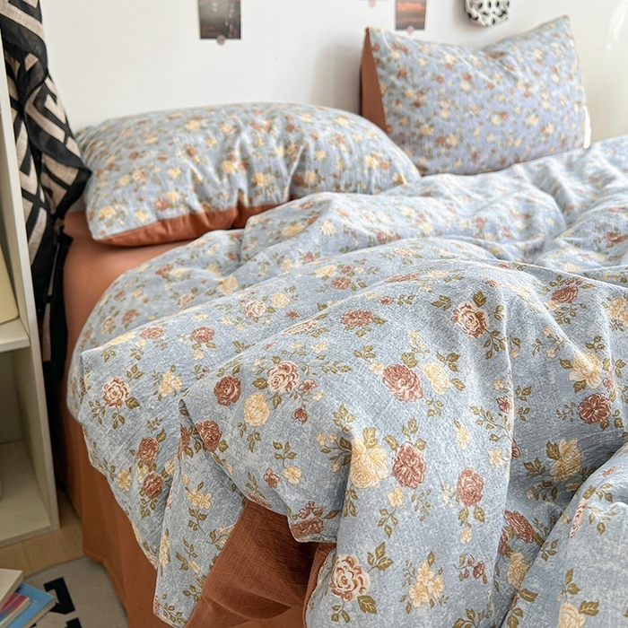 91家纺网 家纺一手货源 找家纺 朵朵家纺 2026新款高级感轻奢复古美拉德色系双层纱泡芙棉床品四件套加厚水洗双层纱软 醉玲珑