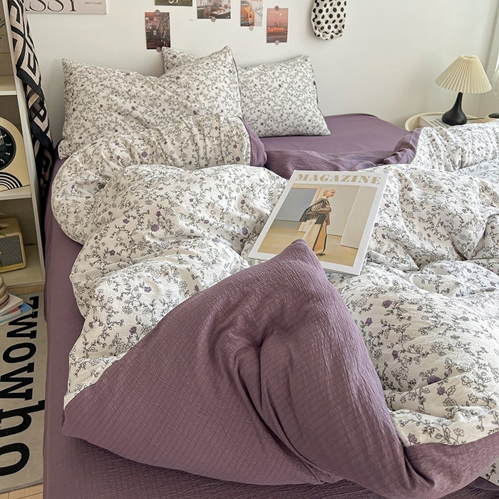 91家纺网 家纺一手货源 找家纺 朵朵家纺 2026新款高级感轻奢复古美拉德色系双层纱泡芙棉床品四件套加厚水洗双层纱软 春风拂梦