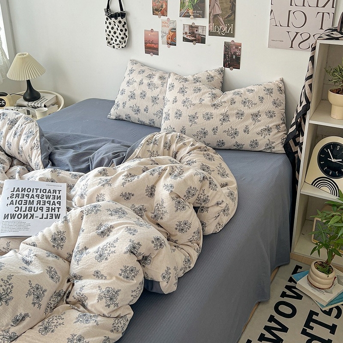 91家纺网 家纺一手货源 找家纺 朵朵家纺 2026新款高级感轻奢复古美拉德色系双层纱泡芙棉床品四件套加厚水洗双层纱软 清欢