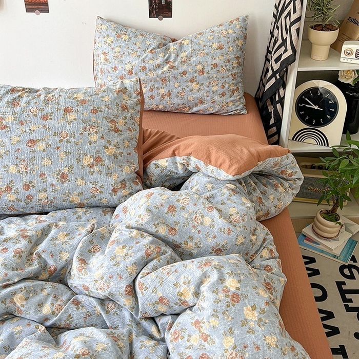 91家纺网 家纺一手货源 找家纺 朵朵家纺 2026新款高级感轻奢复古美拉德色系双层纱泡芙棉床品四件套加厚水洗双层纱软 醉玲珑