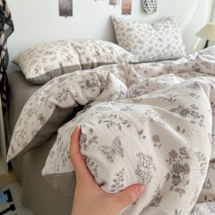 91家纺网 家纺一手货源 找家纺 朵朵家纺 2026新款高级感轻奢复古美拉德色系双层纱泡芙棉床品四件套加厚水洗双层纱软 素碟吟