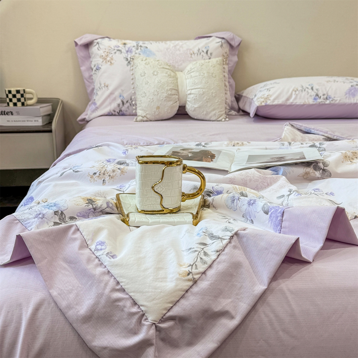 91家纺网 家纺一手货源 找家纺 慕木家纺 2026新款A类印花慕丝棉凉感夏被夏凉被空调被四件套 莫兰迪+浅紫