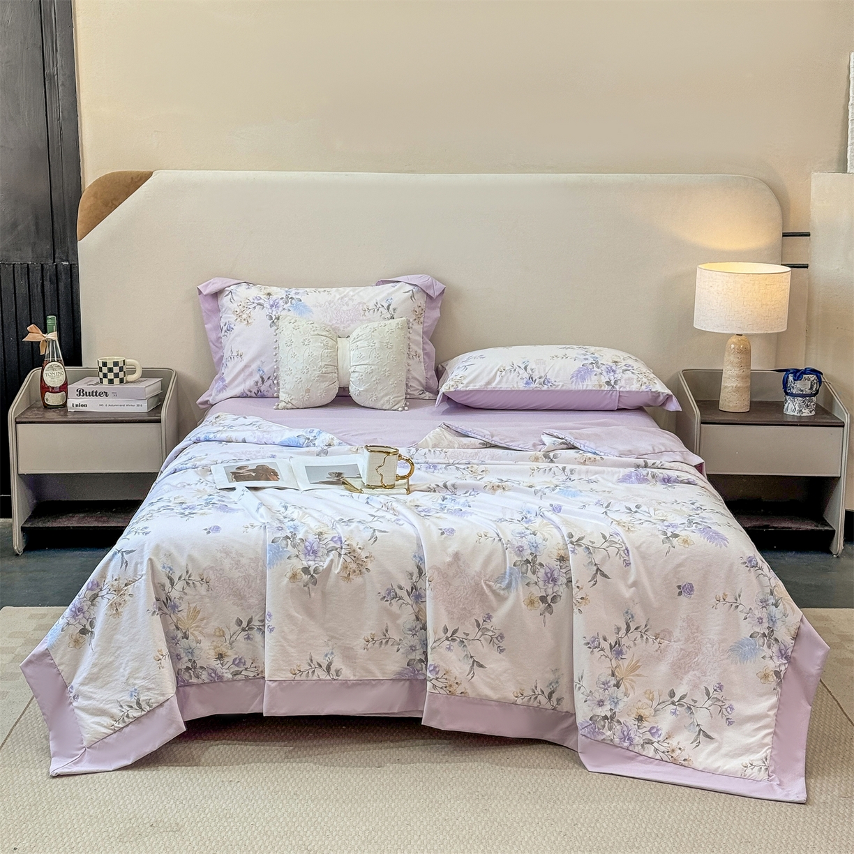 91家纺网 家纺一手货源 找家纺 慕木家纺 2026新款A类印花慕丝棉凉感夏被夏凉被空调被四件套 莫兰迪+浅紫