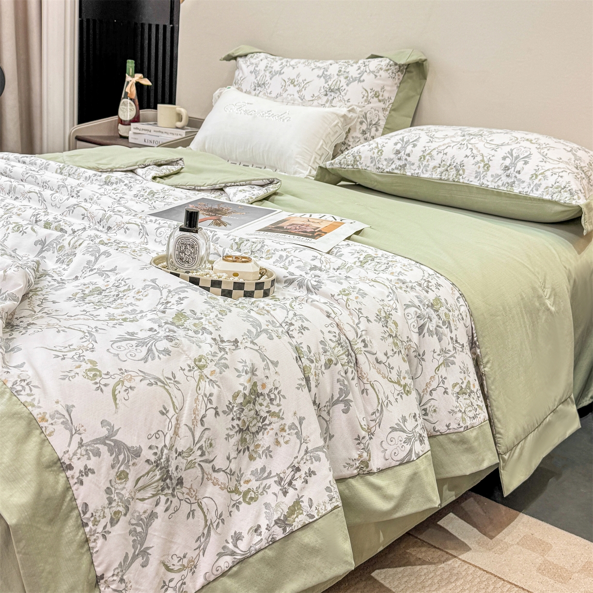 91家纺网 家纺一手货源 找家纺 慕木家纺 2026新款A类印花慕丝棉凉感夏被夏凉被空调被四件套 清漫+绿