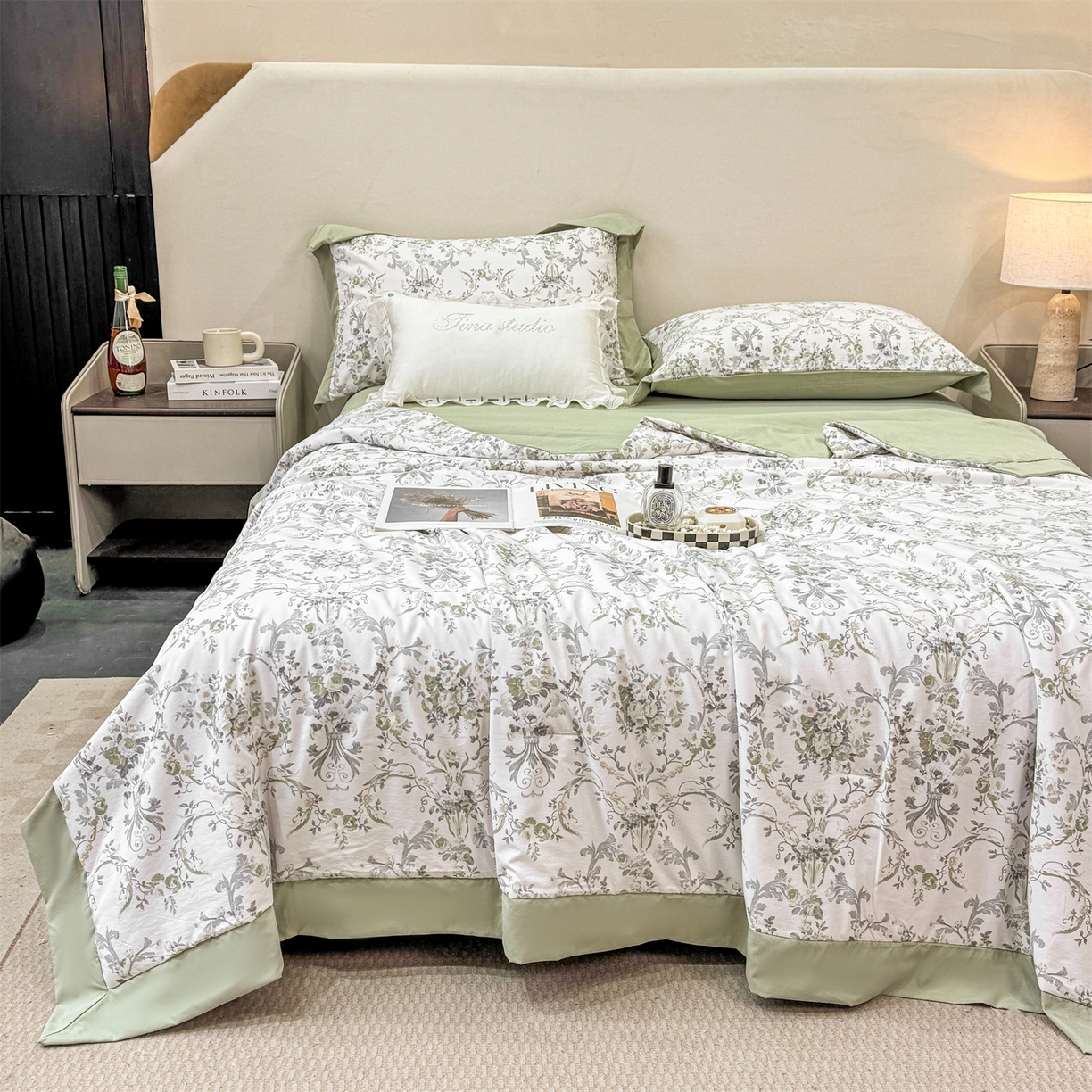 91家纺网 家纺一手货源 找家纺 慕木家纺 2026新款A类印花慕丝棉凉感夏被夏凉被空调被四件套 清漫+绿