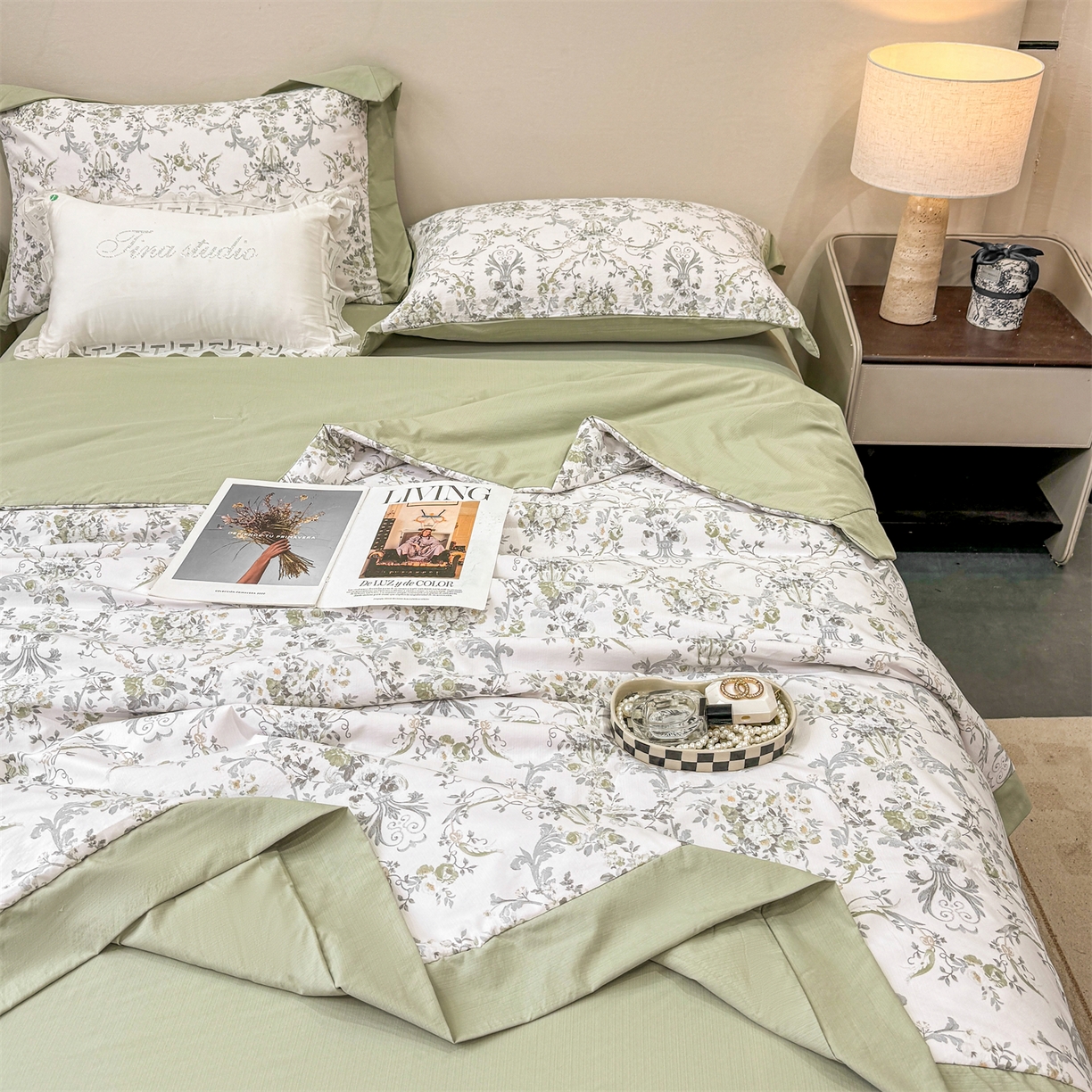 91家纺网 家纺一手货源 找家纺 慕木家纺 2026新款A类印花慕丝棉凉感夏被夏凉被空调被四件套 清漫+绿