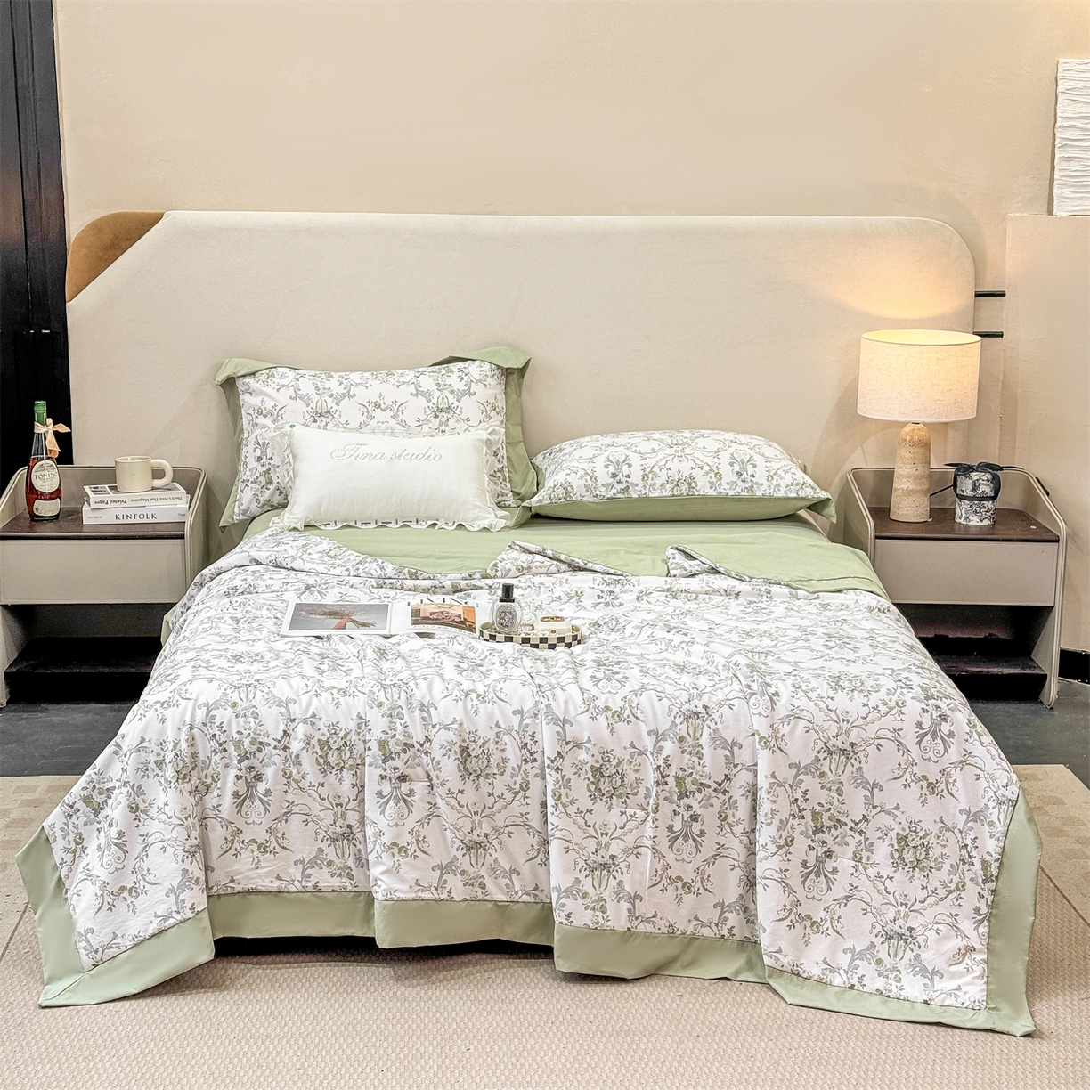 91家纺网 家纺一手货源 找家纺 慕木家纺 2026新款A类印花慕丝棉凉感夏被夏凉被空调被四件套 清漫+绿