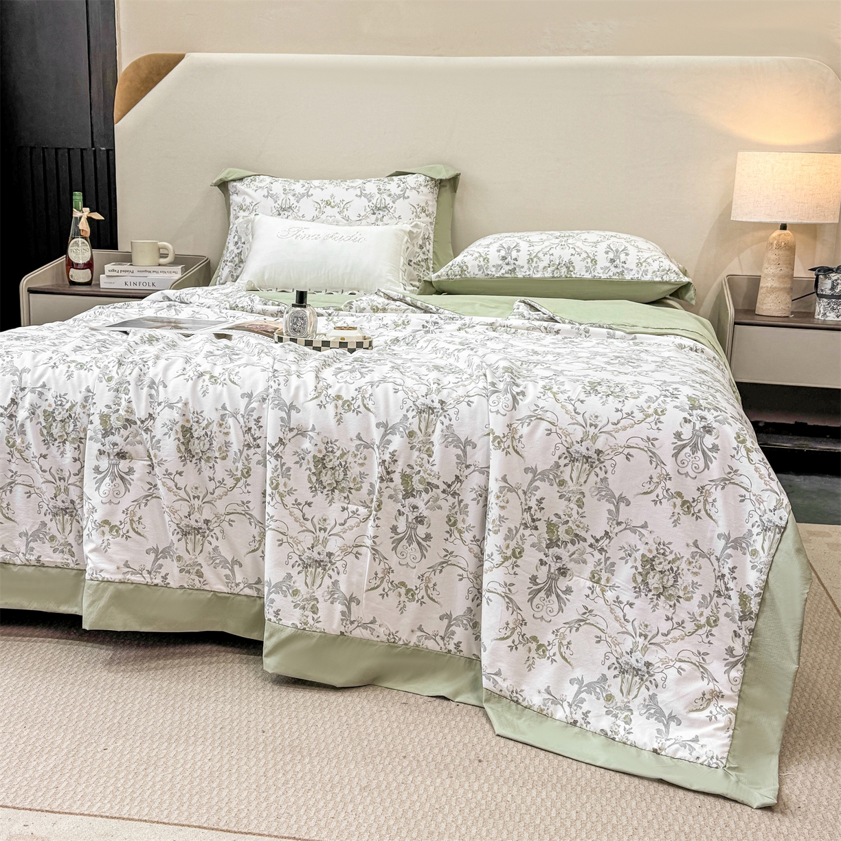 91家纺网 家纺一手货源 找家纺 慕木家纺 2026新款A类印花慕丝棉凉感夏被夏凉被空调被四件套 清漫+绿