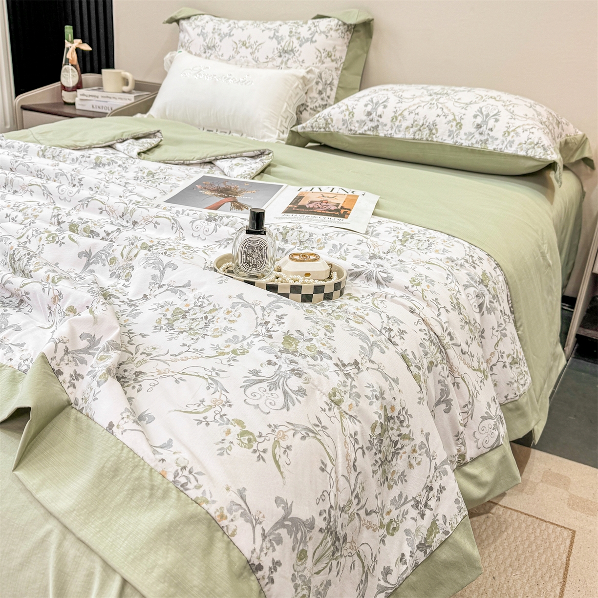 91家纺网 家纺一手货源 找家纺 慕木家纺 2026新款A类印花慕丝棉凉感夏被夏凉被空调被四件套 清漫+绿