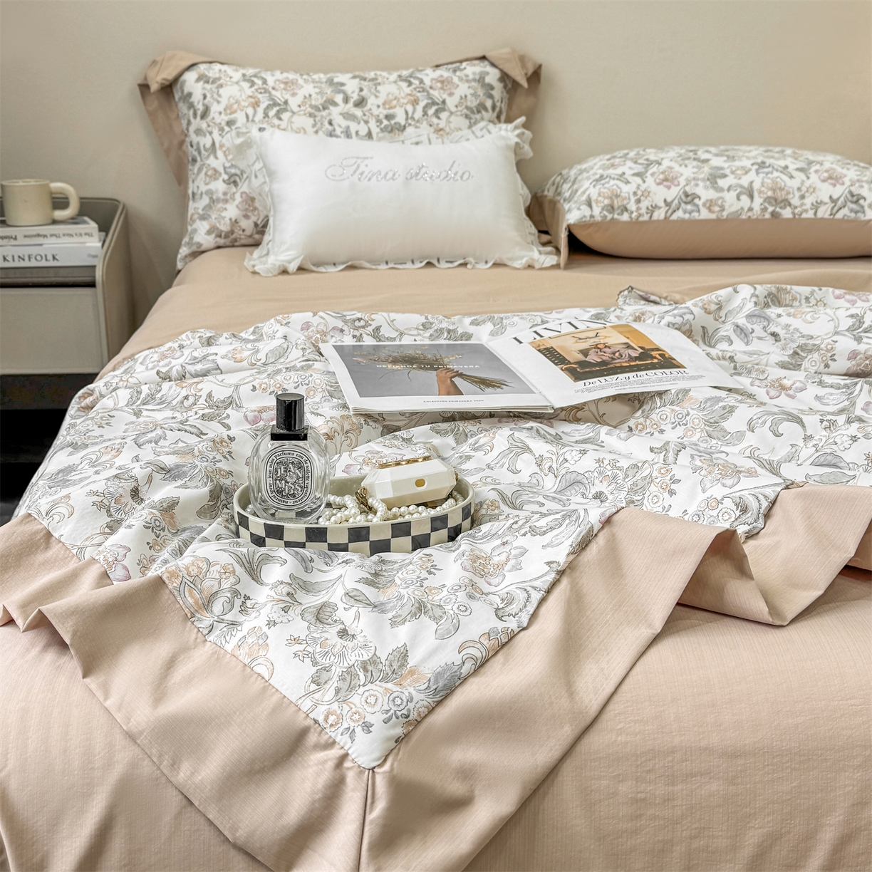 91家纺网 家纺一手货源 找家纺 慕木家纺 2026新款A类印花慕丝棉凉感夏被夏凉被空调被四件套 锦芙+驼