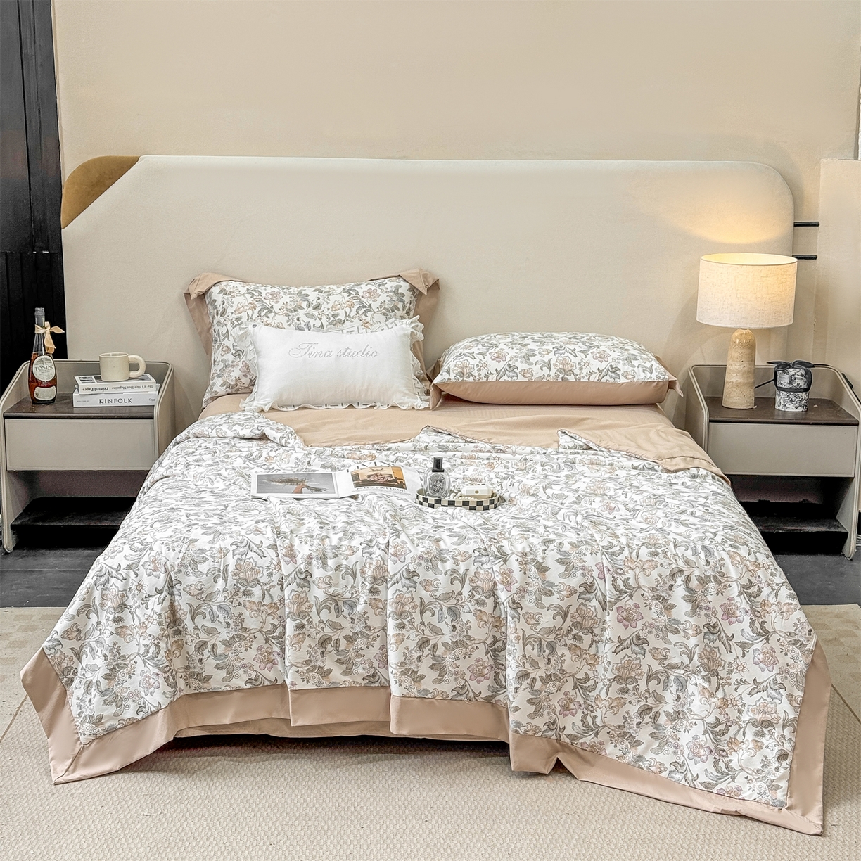 91家纺网 家纺一手货源 找家纺 慕木家纺 2026新款A类印花慕丝棉凉感夏被夏凉被空调被四件套 锦芙+驼