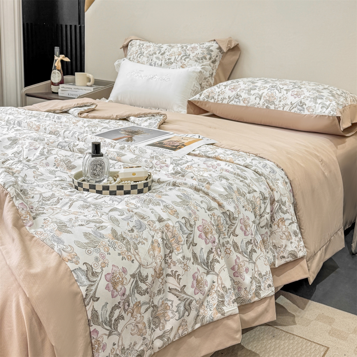 91家纺网 家纺一手货源 找家纺 慕木家纺 2026新款A类印花慕丝棉凉感夏被夏凉被空调被四件套 锦芙+驼