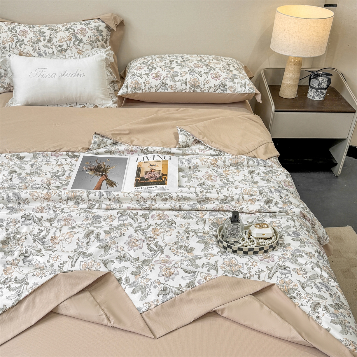 91家纺网 家纺一手货源 找家纺 慕木家纺 2026新款A类印花慕丝棉凉感夏被夏凉被空调被四件套 锦芙+驼