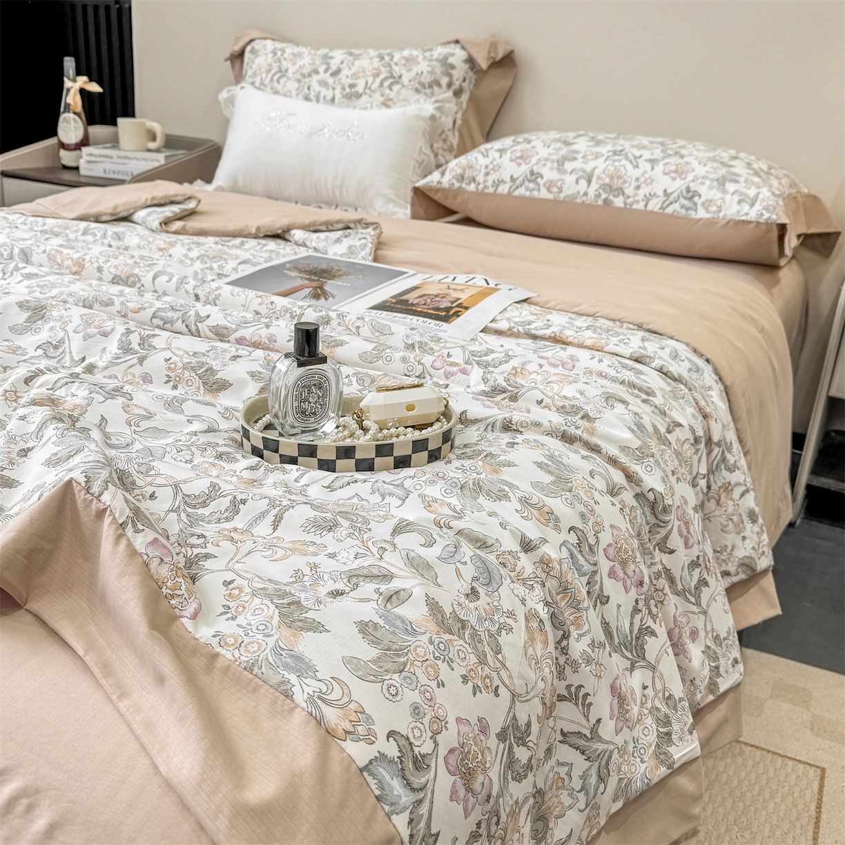 91家纺网 家纺一手货源 找家纺 慕木家纺 2026新款A类印花慕丝棉凉感夏被夏凉被空调被四件套 锦芙+驼