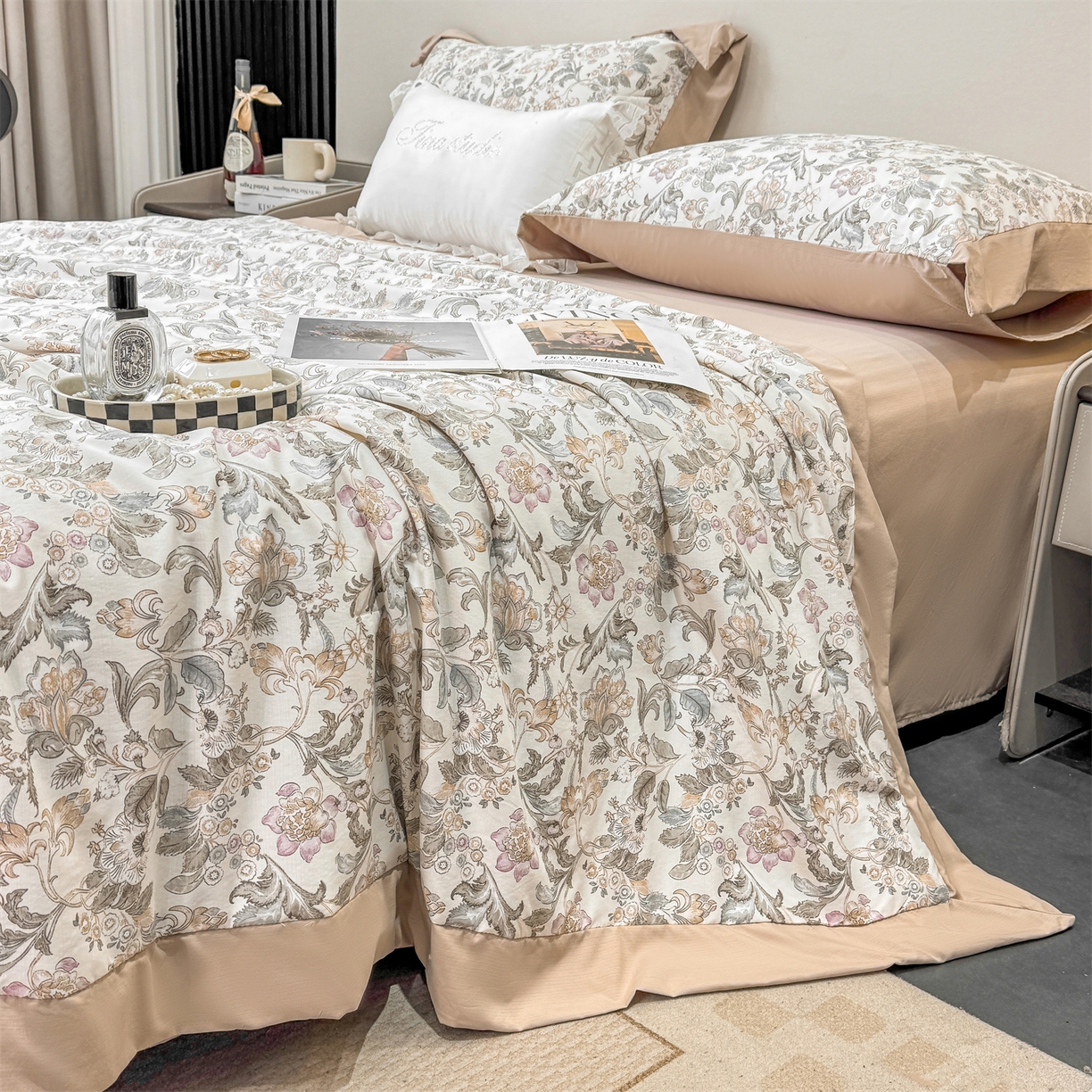 91家纺网 家纺一手货源 找家纺 慕木家纺 2026新款A类印花慕丝棉凉感夏被夏凉被空调被四件套 锦芙+驼