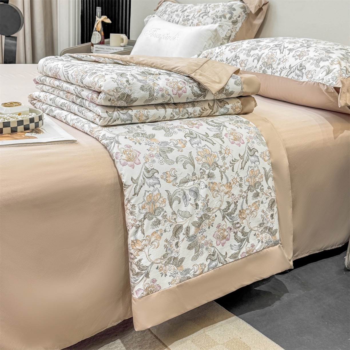 91家纺网 家纺一手货源 找家纺 慕木家纺 2026新款A类印花慕丝棉凉感夏被夏凉被空调被四件套 锦芙+驼