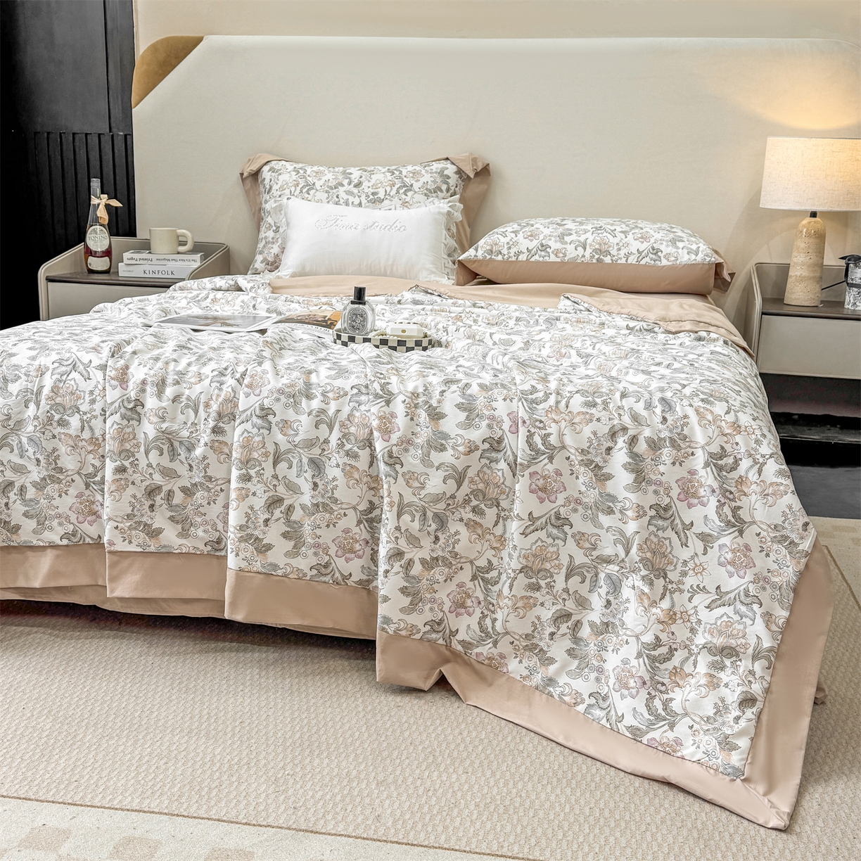 91家纺网 家纺一手货源 找家纺 慕木家纺 2026新款A类印花慕丝棉凉感夏被夏凉被空调被四件套 锦芙+驼