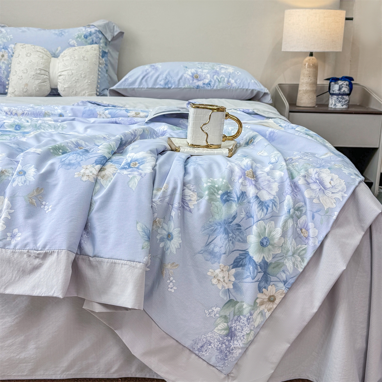 慕木家纺 2026新款A类印花慕丝棉凉感夏被夏凉被空调被四件套 蓝庭叙+灰