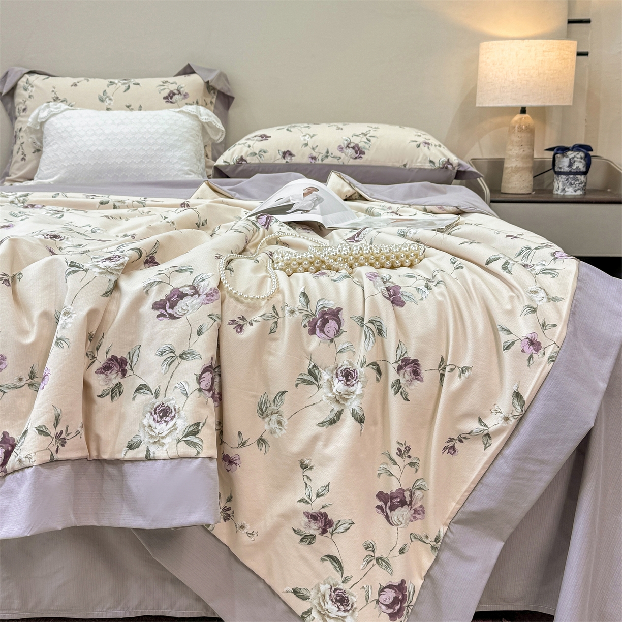 慕木家纺 2026新款A类印花慕丝棉凉感夏被夏凉被空调被四件套 洛雅+黛紫