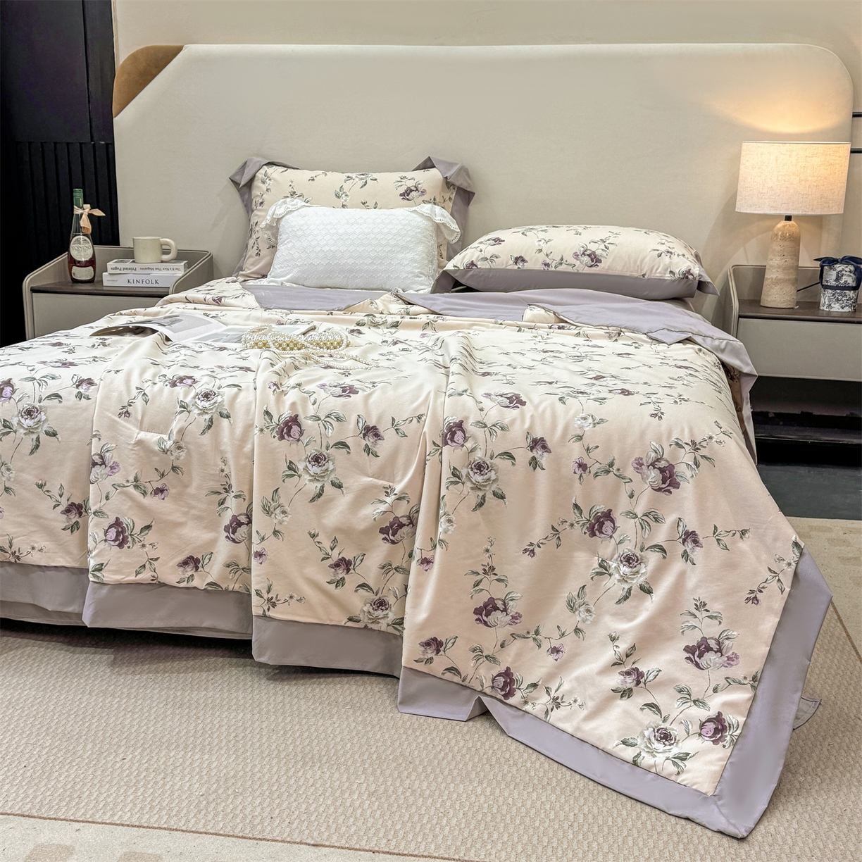 91家纺网 家纺一手货源 找家纺 慕木家纺 2026新款A类印花慕丝棉凉感夏被夏凉被空调被四件套 洛雅+黛紫