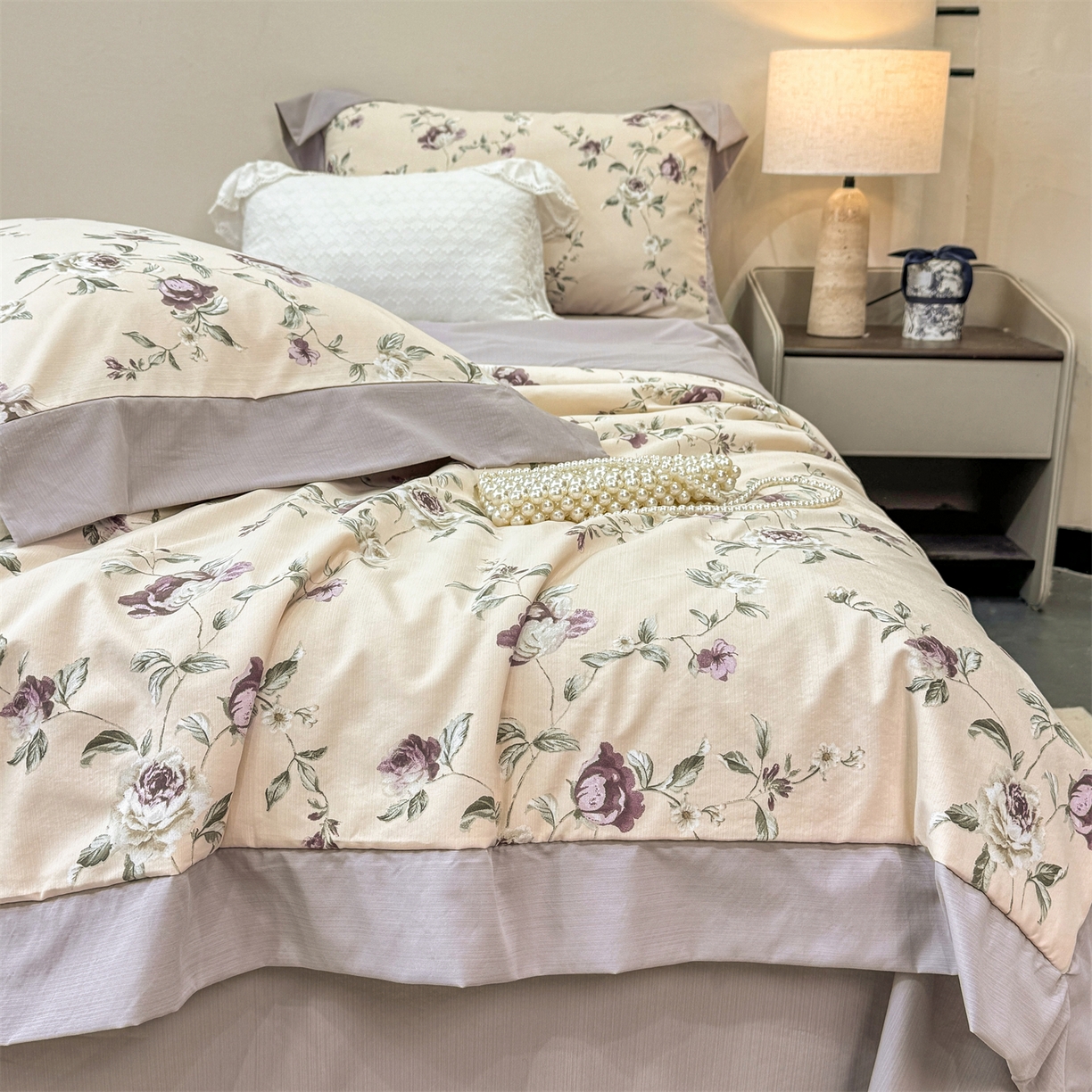 91家纺网 家纺一手货源 找家纺 慕木家纺 2026新款A类印花慕丝棉凉感夏被夏凉被空调被四件套 洛雅+黛紫