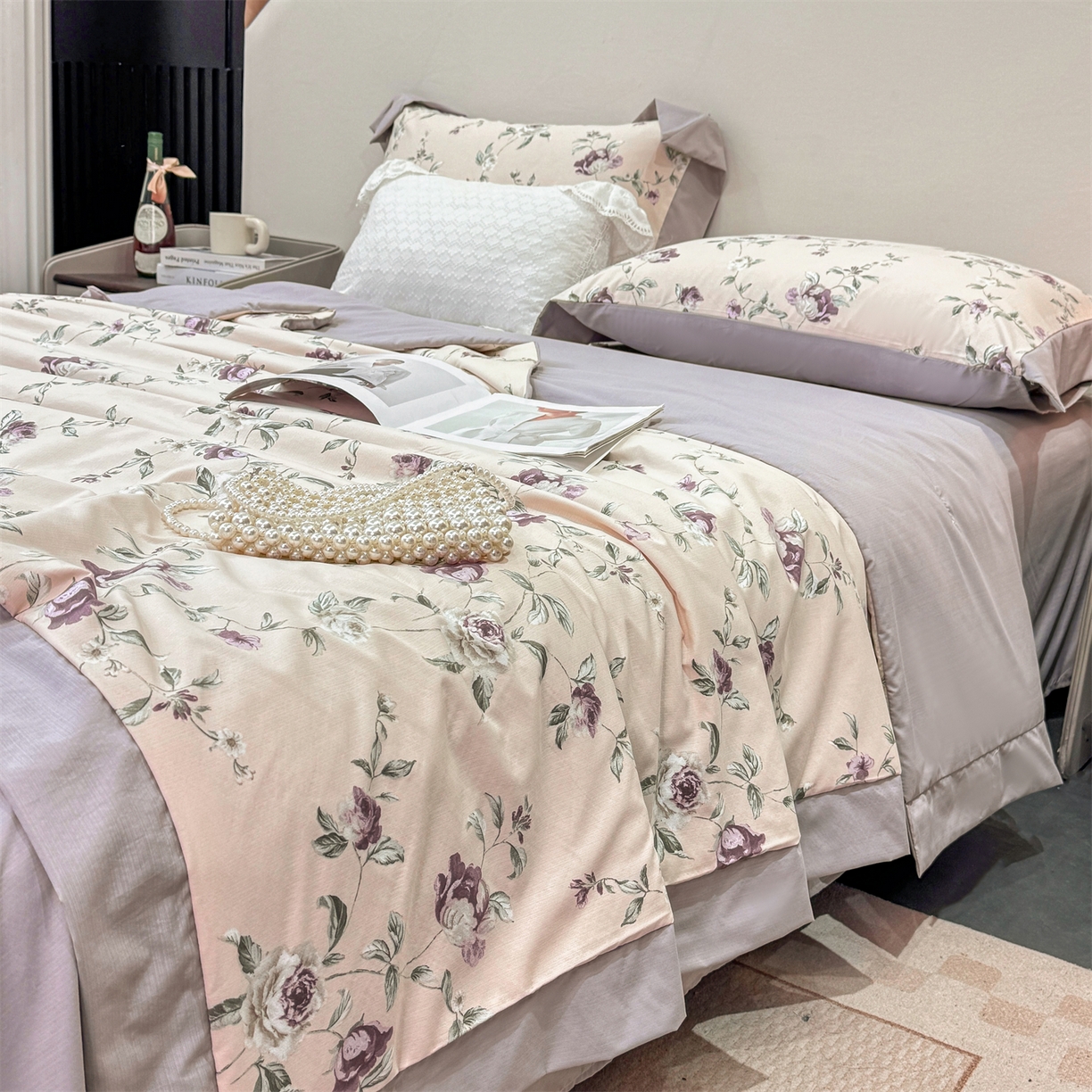91家纺网 家纺一手货源 找家纺 慕木家纺 2026新款A类印花慕丝棉凉感夏被夏凉被空调被四件套 洛雅+黛紫