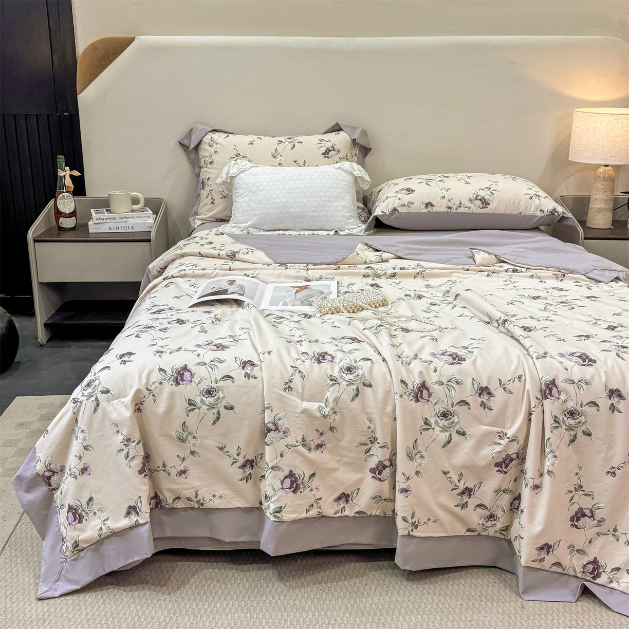 91家纺网 家纺一手货源 找家纺 慕木家纺 2026新款A类印花慕丝棉凉感夏被夏凉被空调被四件套 洛雅+黛紫