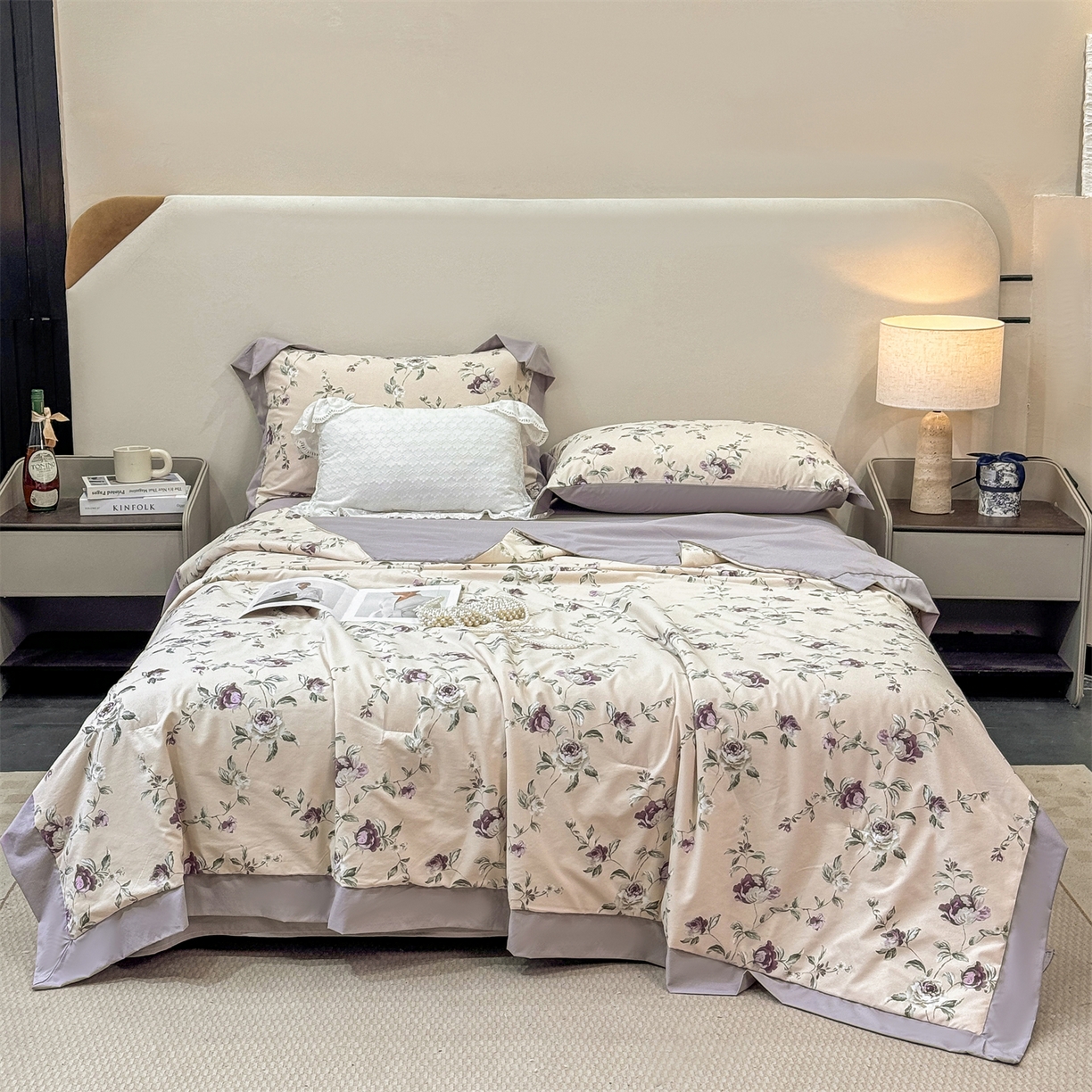 91家纺网 家纺一手货源 找家纺 慕木家纺 2026新款A类印花慕丝棉凉感夏被夏凉被空调被四件套 洛雅+黛紫