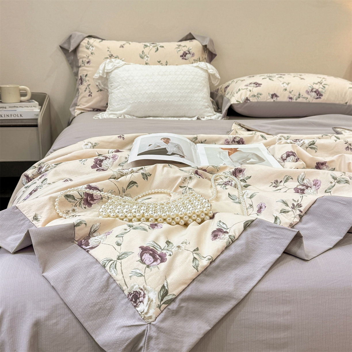 91家纺网 家纺一手货源 找家纺 慕木家纺 2026新款A类印花慕丝棉凉感夏被夏凉被空调被四件套 洛雅+黛紫