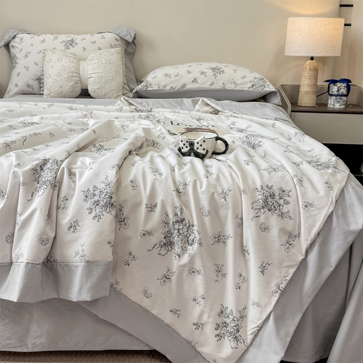 慕木家纺 2026新款A类印花慕丝棉凉感夏被夏凉被空调被四件套 墨芳+灰